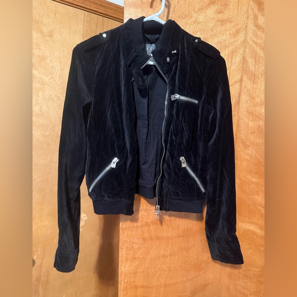 Armani Exchange black velvet moto jacket
